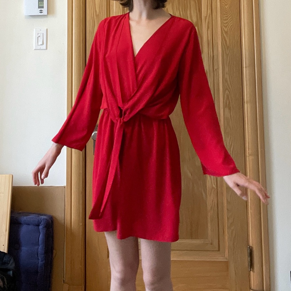 Red Wrap Long Sleeve Dress